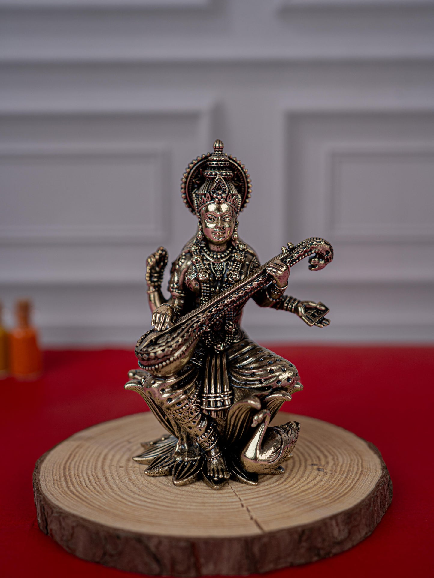 Brass Antique Saraswathi Idol - 4 inch - WL5414
