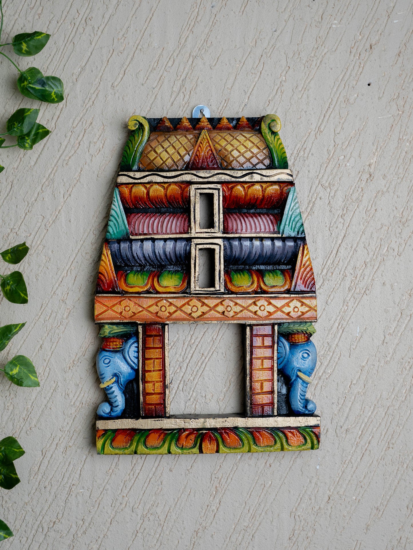 Wooden Carved - Kovil Gopuram with Elephant Wall Hanging - 15 inch - WL5425
