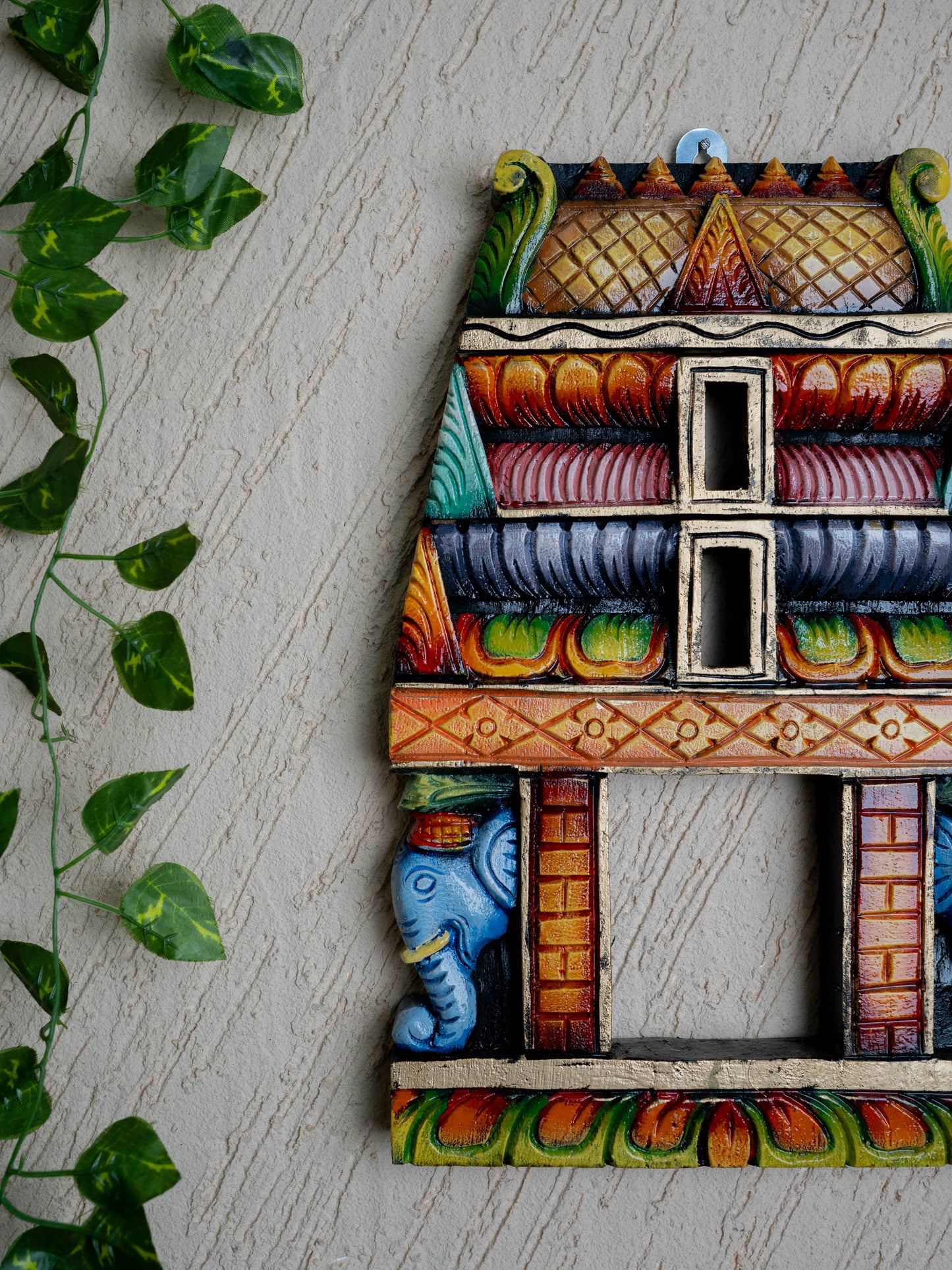 Wooden Carved - Kovil Gopuram with Elephant Wall Hanging - 15 inch - WL5425