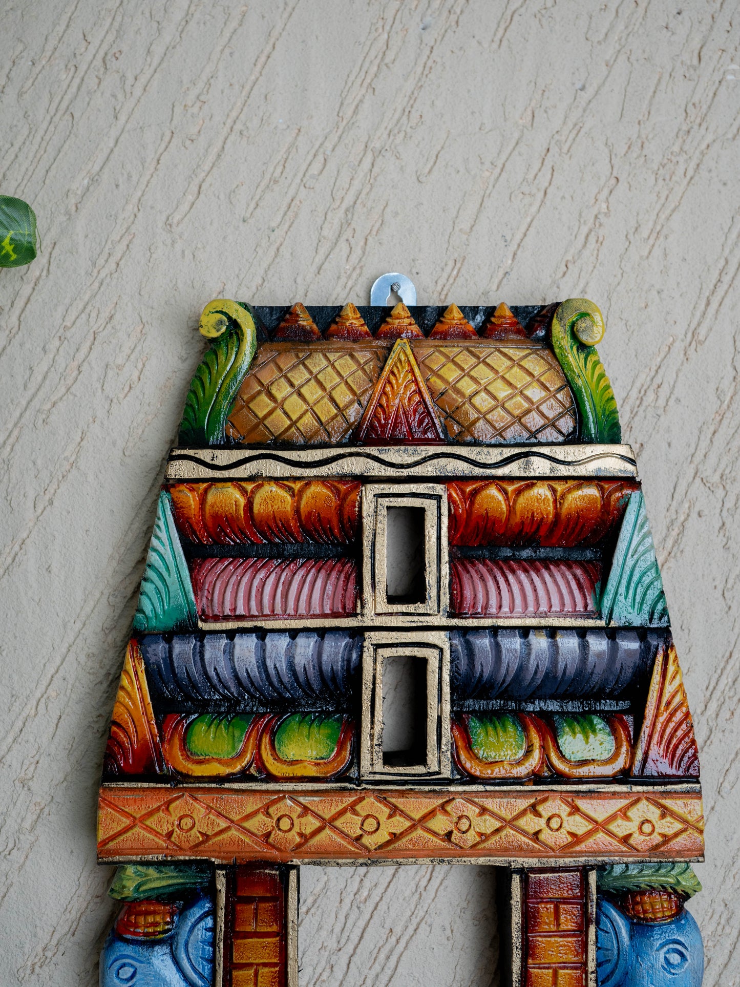 Wooden Carved - Kovil Gopuram with Elephant Wall Hanging - 15 inch - WL5425