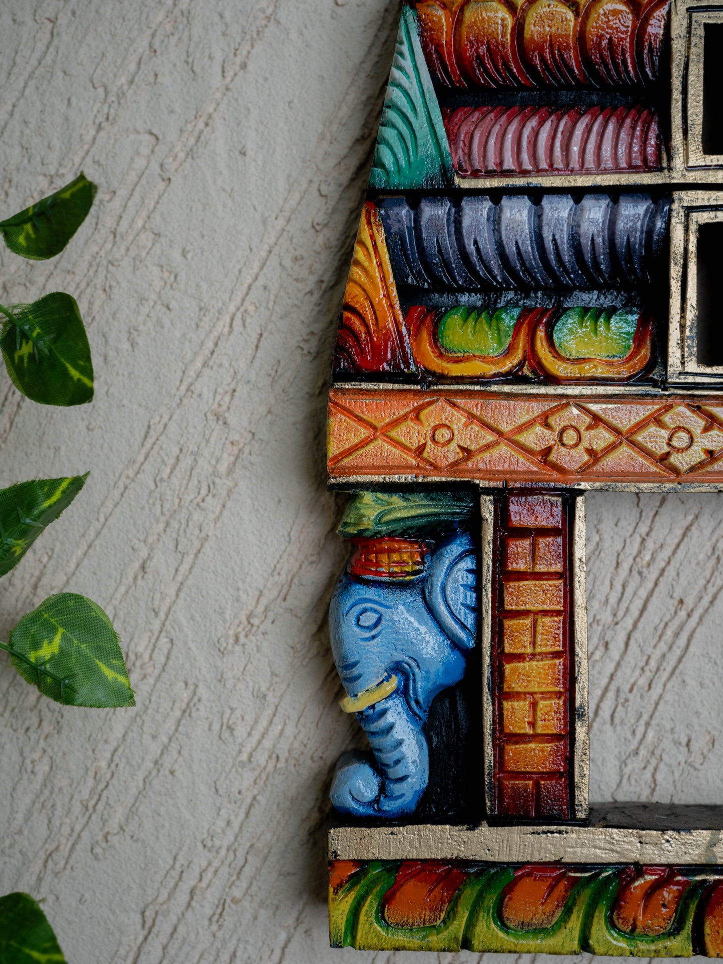 Wooden Carved - Kovil Gopuram with Elephant Wall Hanging - 15 inch - WL5425