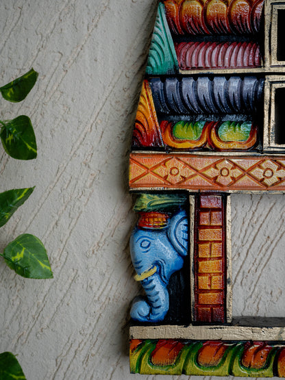 Wooden Carved - Kovil Gopuram with Elephant Wall Hanging - 15 inch - WL5425