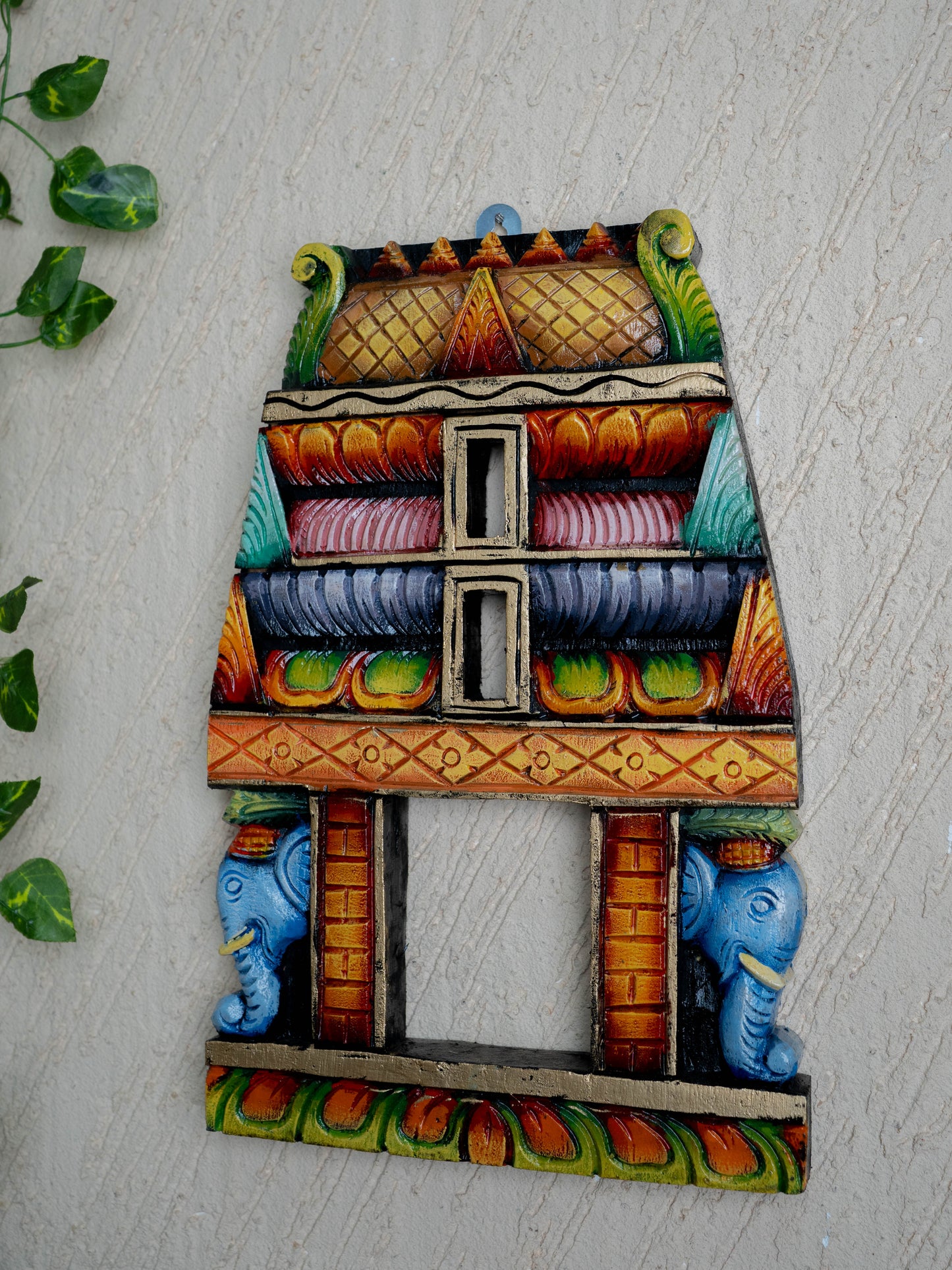Wooden Carved - Kovil Gopuram with Elephant Wall Hanging - 15 inch - WL5425