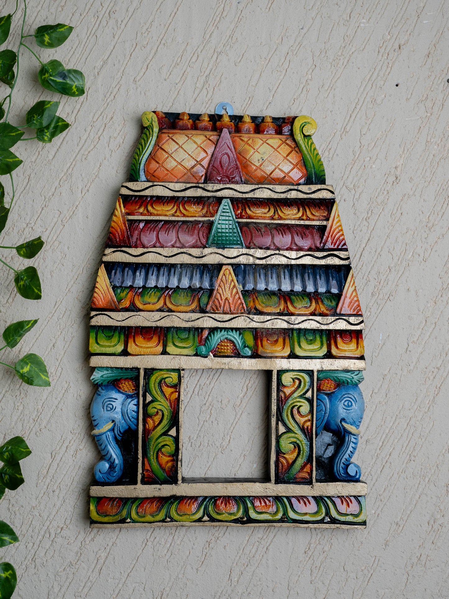 Wooden Carved - Kovil Gopuram with Elephant Wall Hanging - 18 inch - WL5426