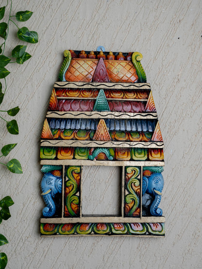 Wooden Carved - Kovil Gopuram with Elephant Wall Hanging - 18 inch - WL5426