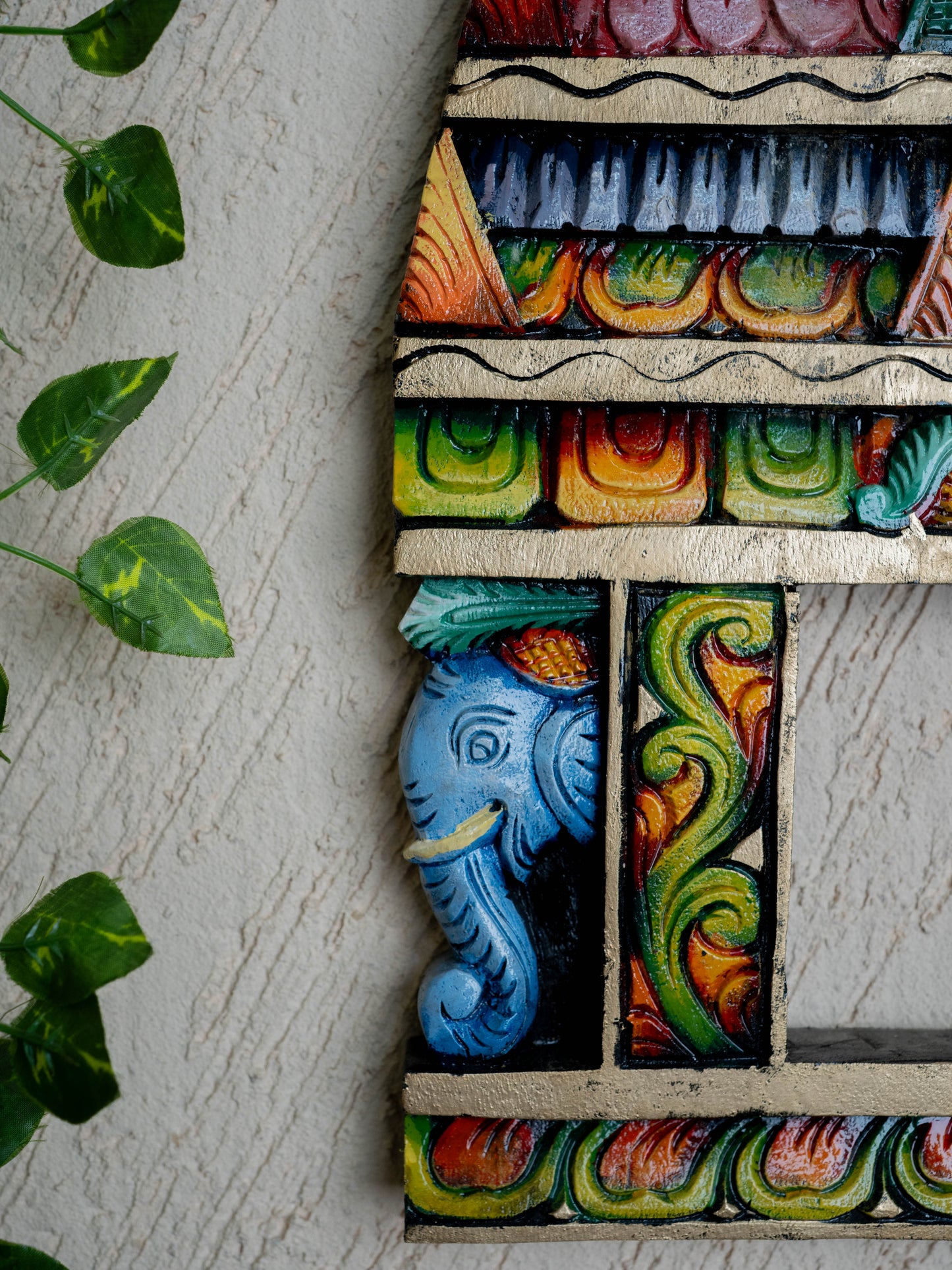 Wooden Carved - Kovil Gopuram with Elephant Wall Hanging - 18 inch - WL5426