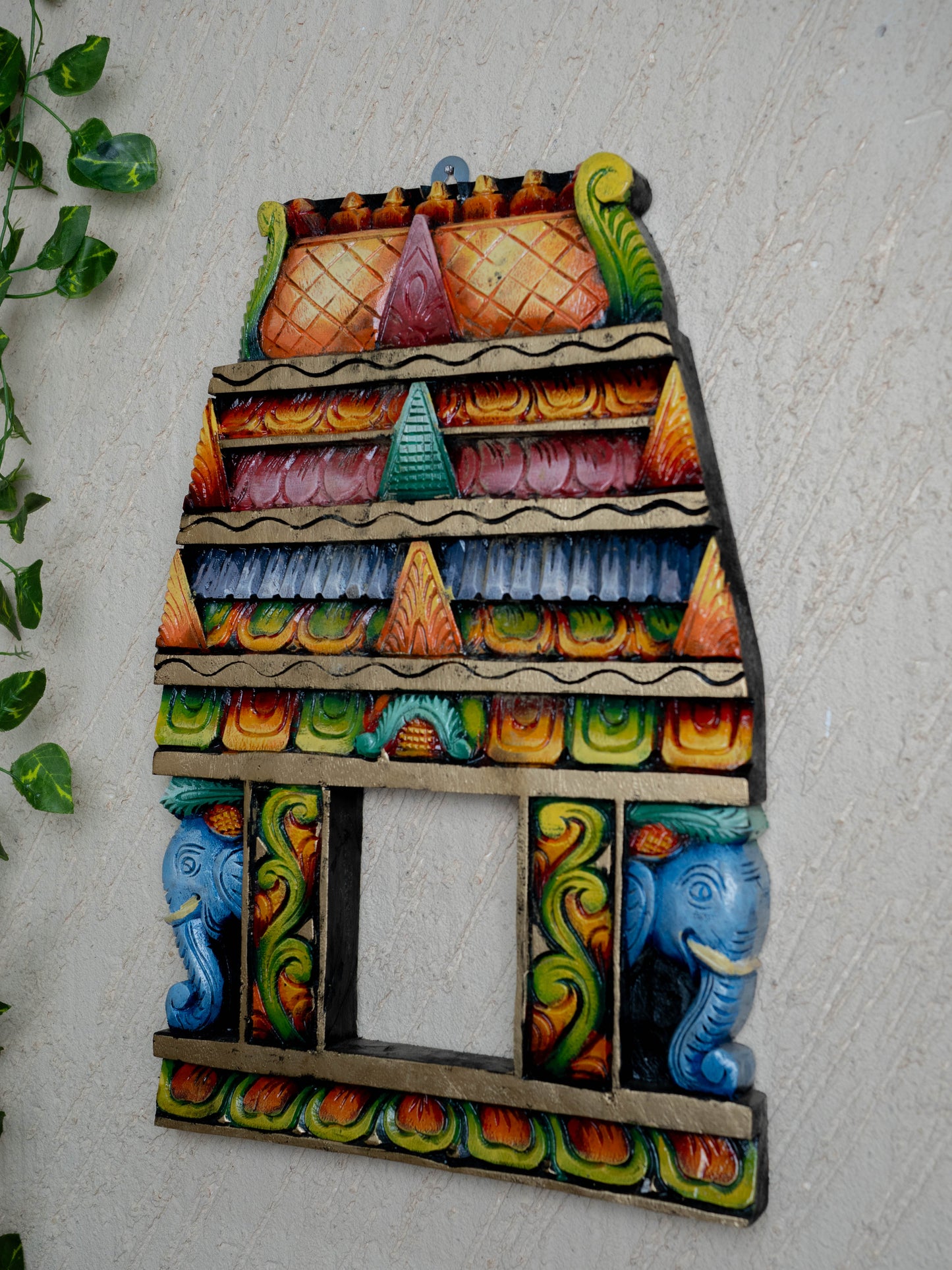 Wooden Carved - Kovil Gopuram with Elephant Wall Hanging - 18 inch - WL5426
