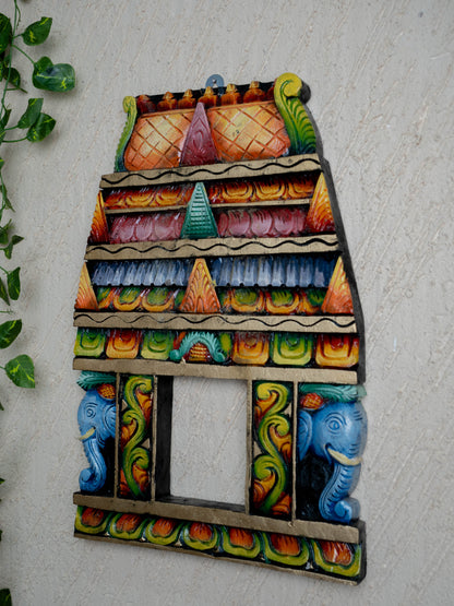 Wooden Carved - Kovil Gopuram with Elephant Wall Hanging - 18 inch - WL5426