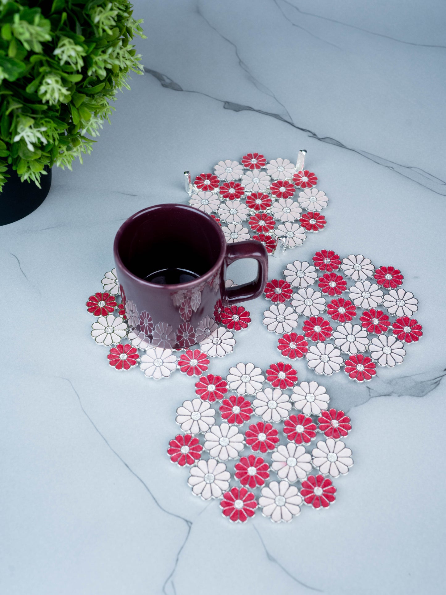 White Metal Decorative Floral Coaster Set - Pink - WL5437-1