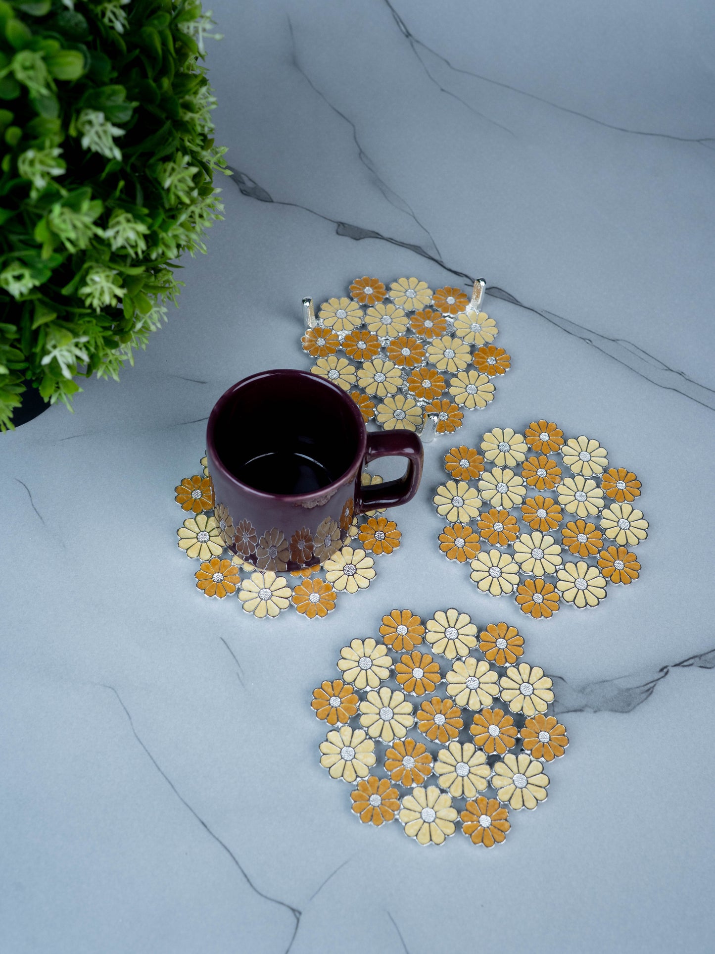 White Metal Decorative Floral Coaster Set - Yellow - WL5437-2