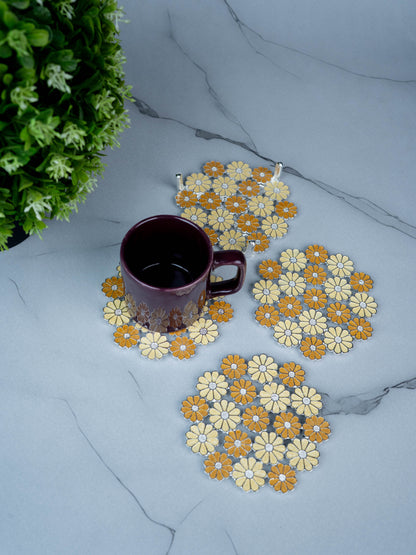 White Metal Decorative Floral Coaster Set - Yellow - WL5437-2