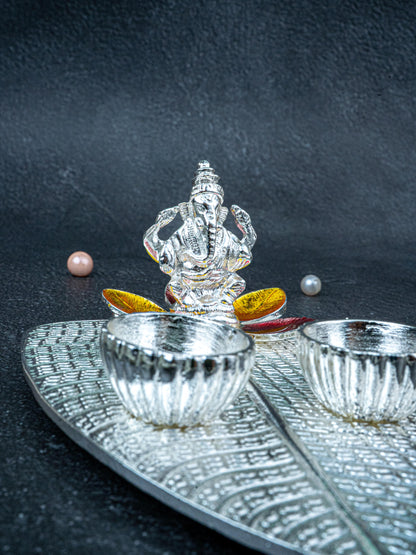 White Metal Ganesha Manjal-Kumkum Holder - Red - WL5438-1