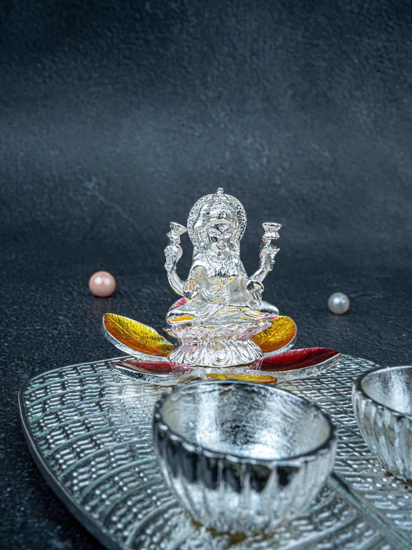 White Metal Lakshmi Manjal-Kumkum Holder - Red - WL5438-2