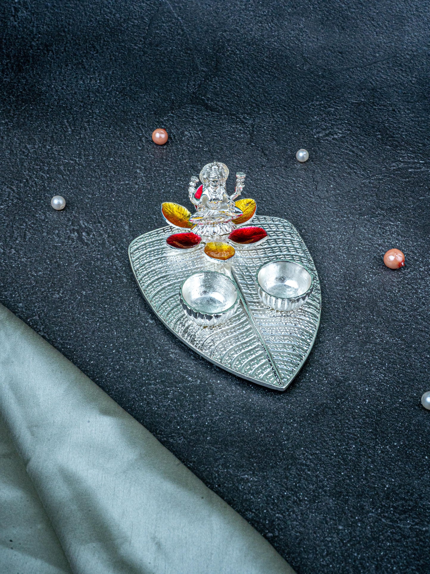 White Metal Lakshmi Manjal-Kumkum Holder - Red - WL5438-2