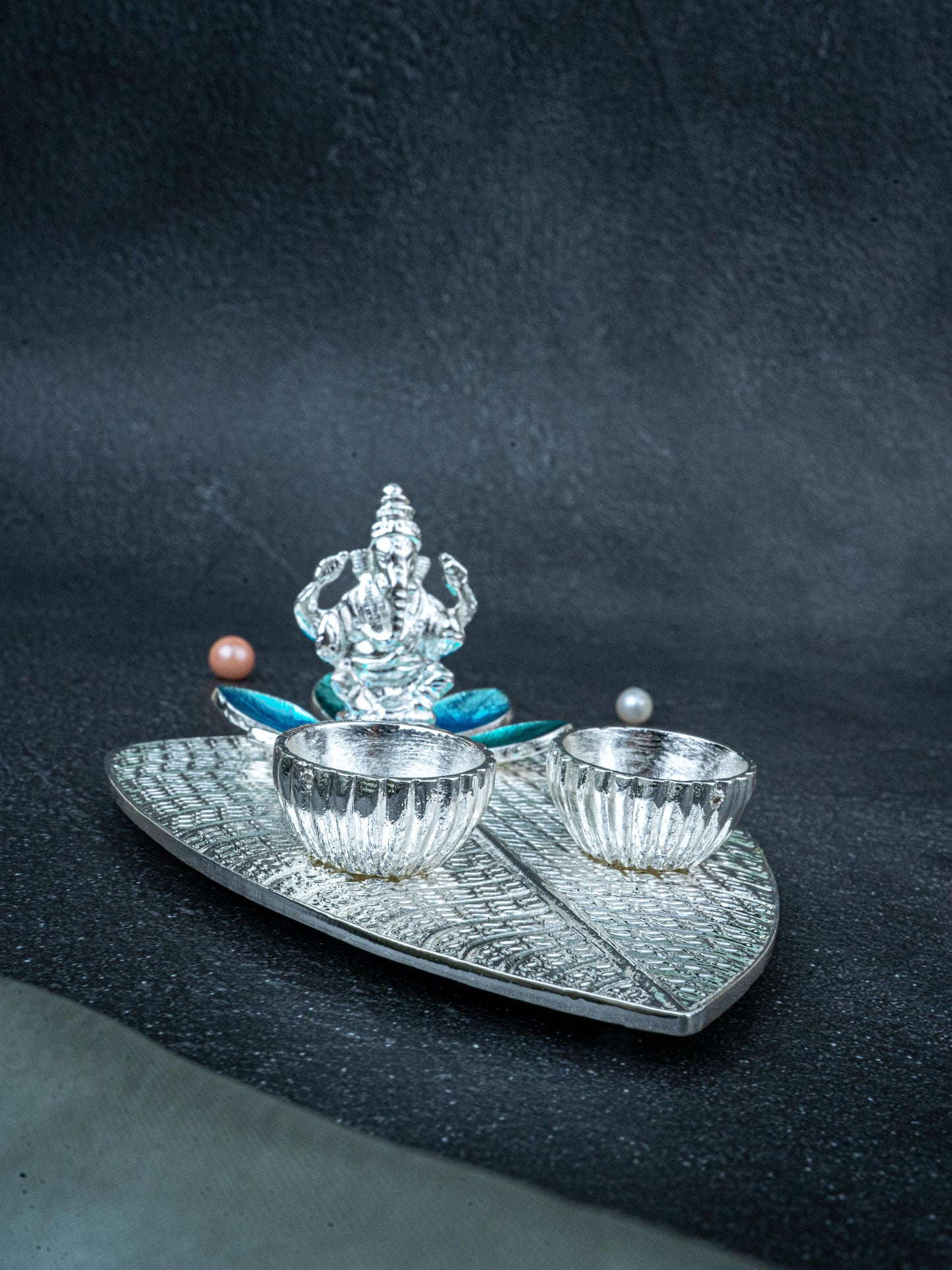 White Metal Ganesha Manjal-Kumkum Holder - Blue - WL5439-1