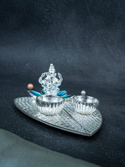 White Metal Ganesha Manjal-Kumkum Holder - Blue - WL5439-1