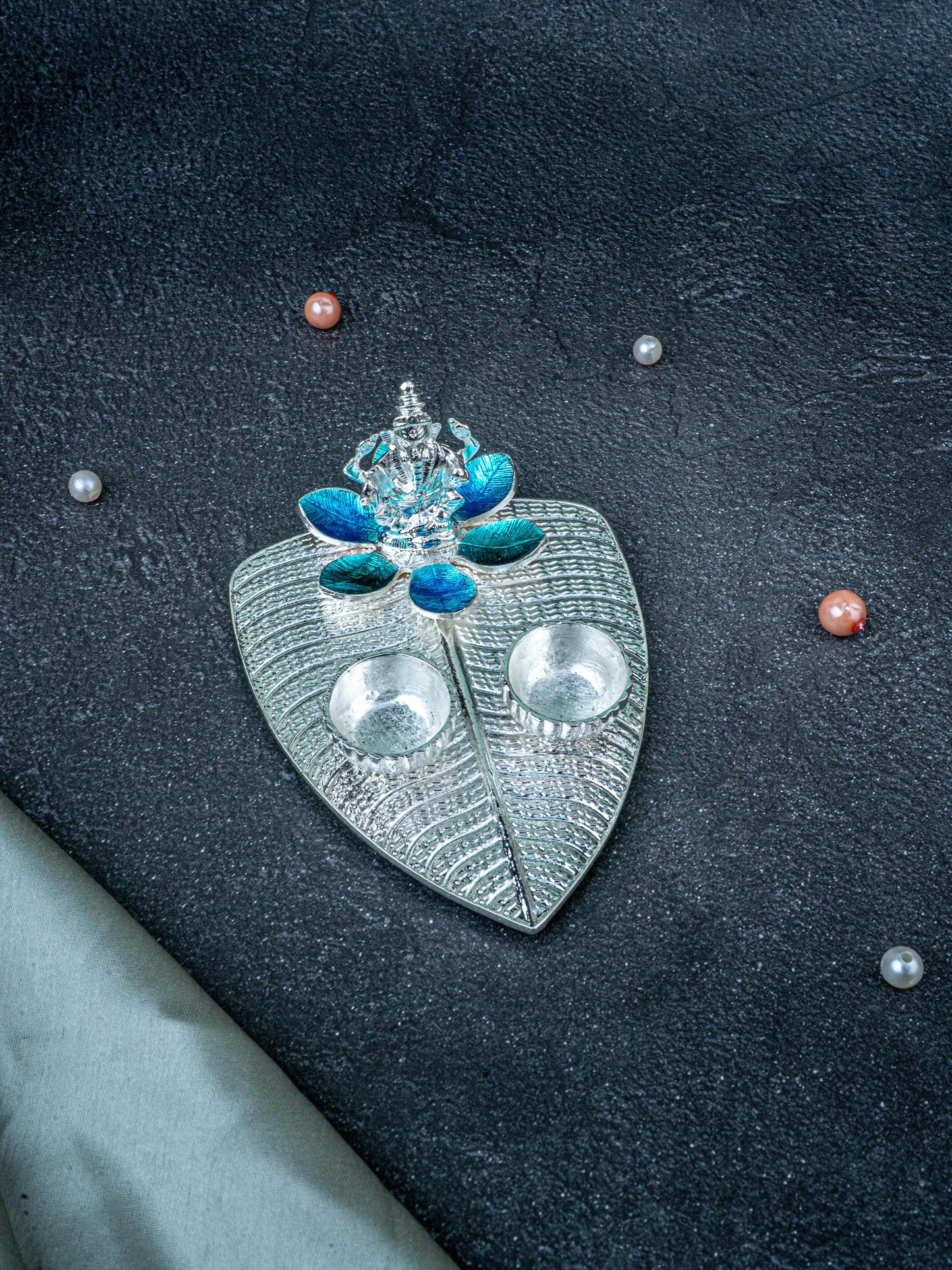 White Metal Ganesha Manjal-Kumkum Holder - Blue - WL5439-1