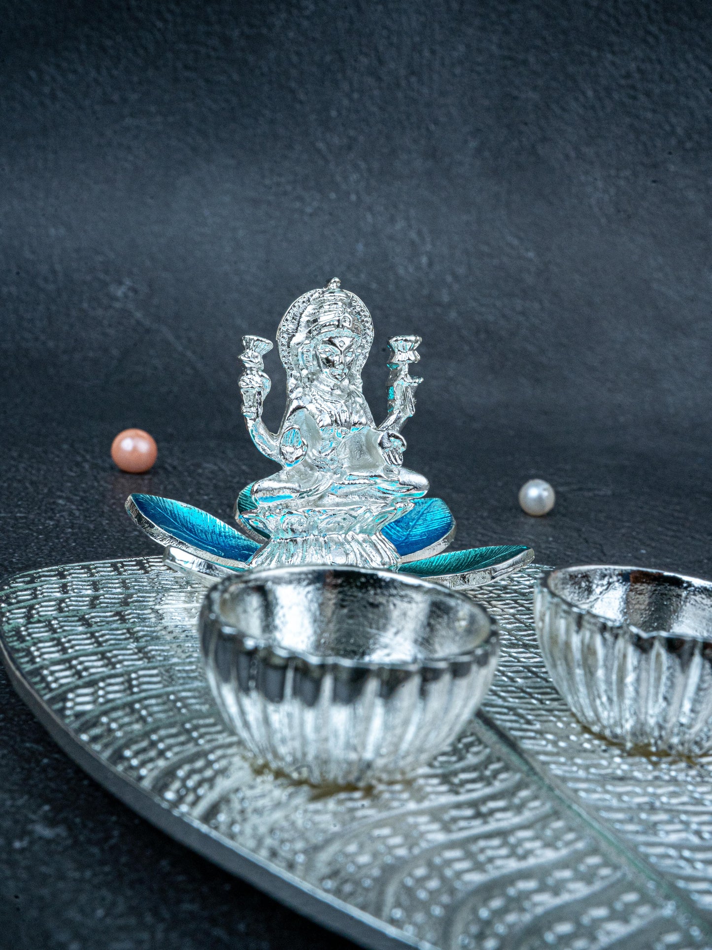 White Metal Lakshmi Manjal-Kumkum Holder - Blue - WL5439-2
