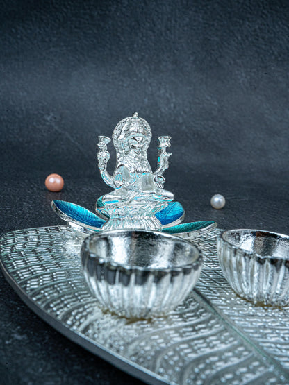 White Metal Lakshmi Manjal-Kumkum Holder - Blue - WL5439-2