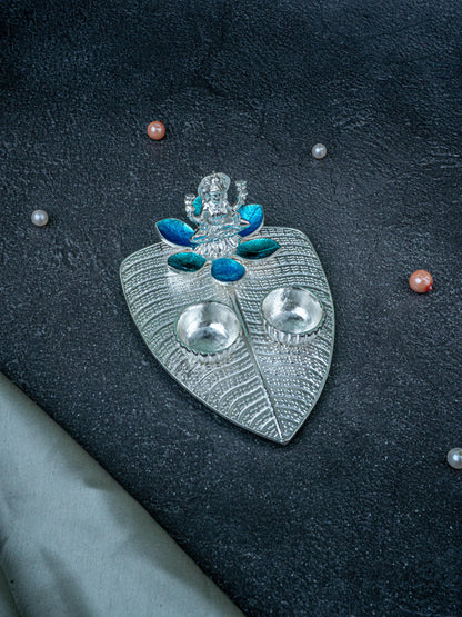 White Metal Lakshmi Manjal-Kumkum Holder - Blue - WL5439-2