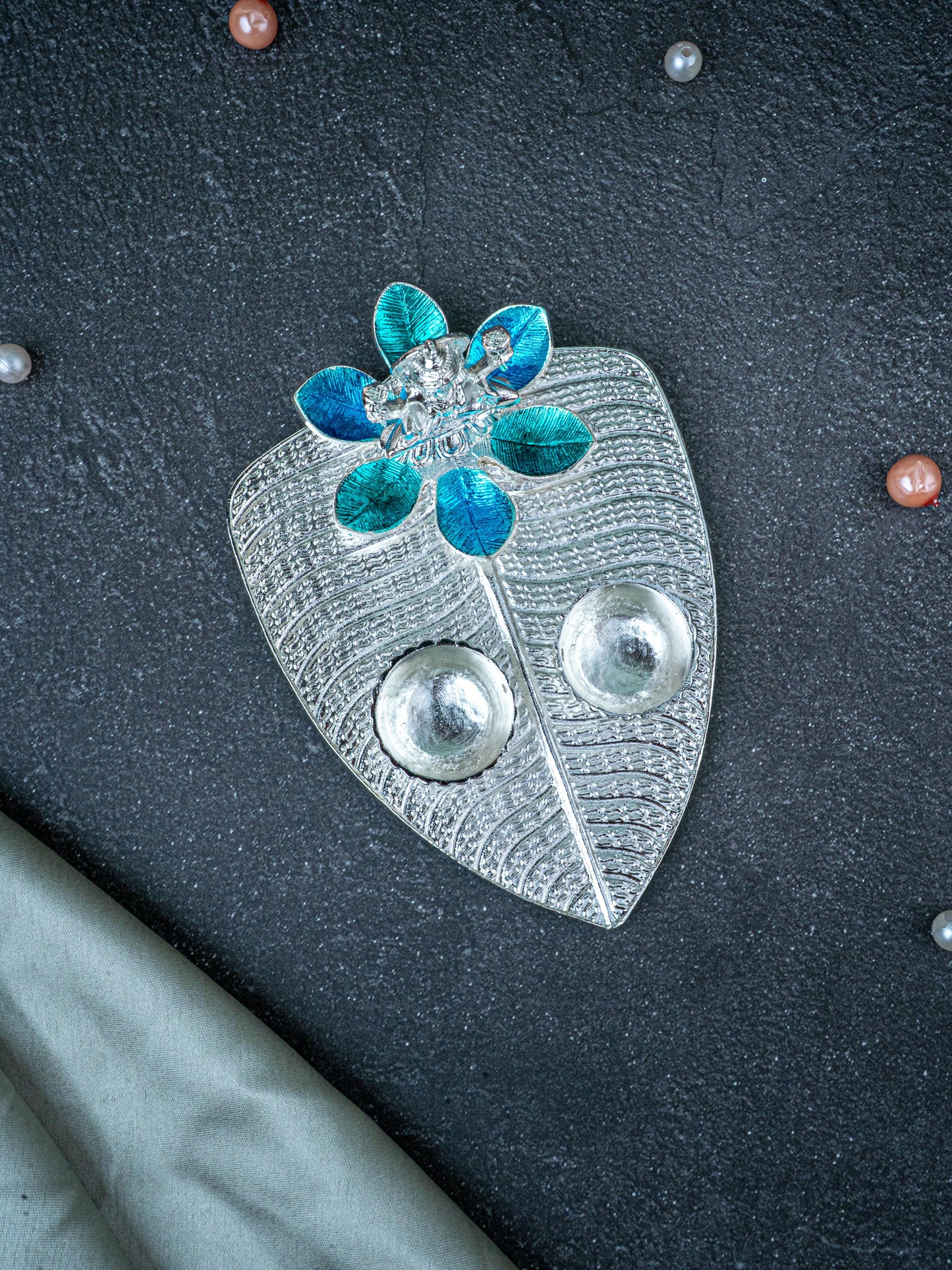 White Metal Lakshmi Manjal-Kumkum Holder - Blue - WL5439-2
