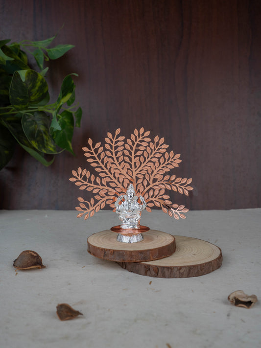 White Metal Ganesha Idol with Tree of Prosperity - Copper - WL5440-1