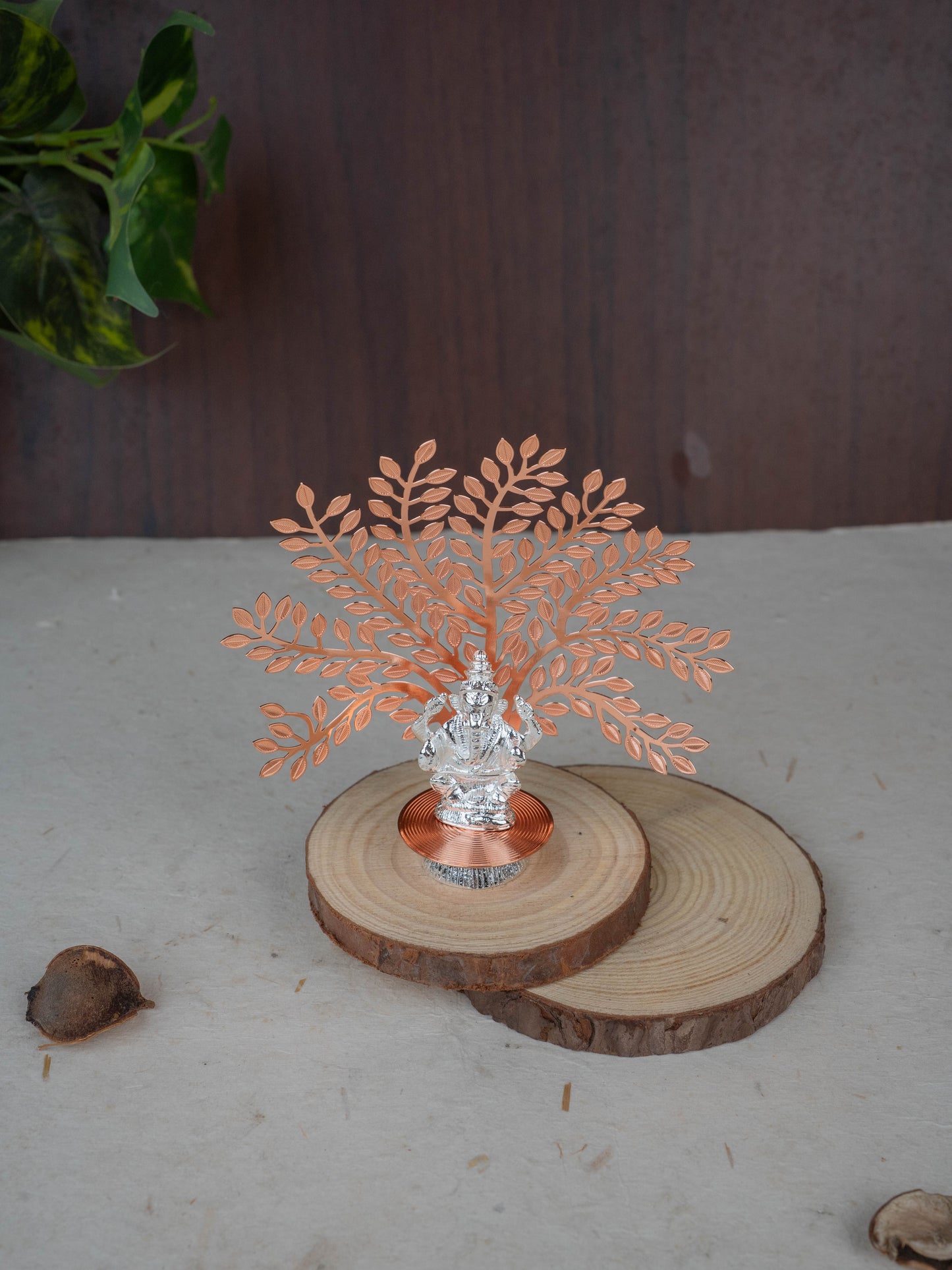 White Metal Ganesha Idol with Tree of Prosperity - Copper - WL5440-1