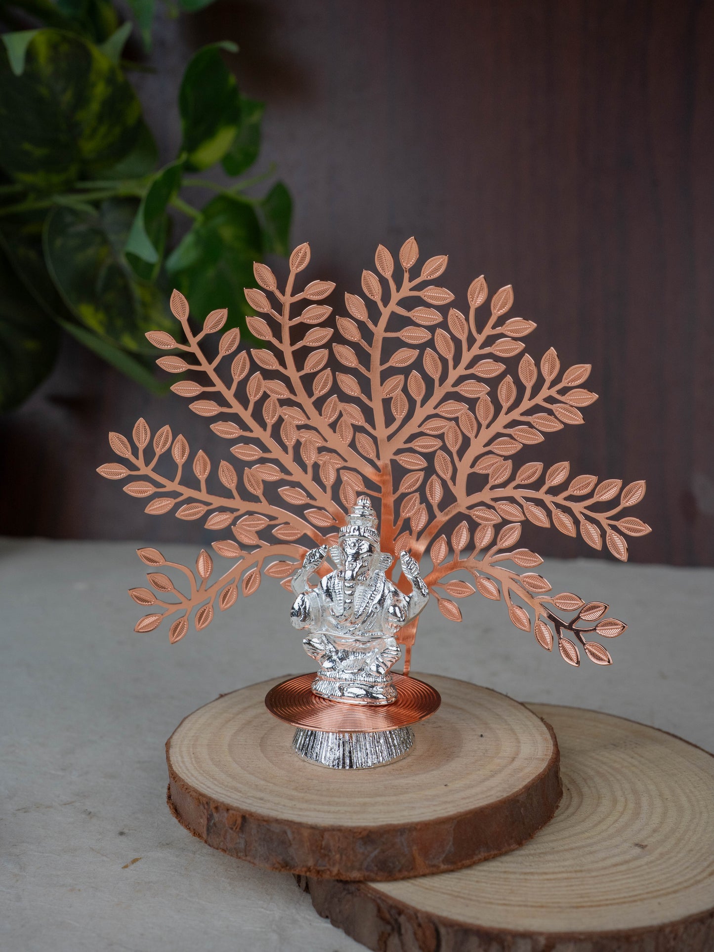 White Metal Ganesha Idol with Tree of Prosperity - Copper - WL5440-1