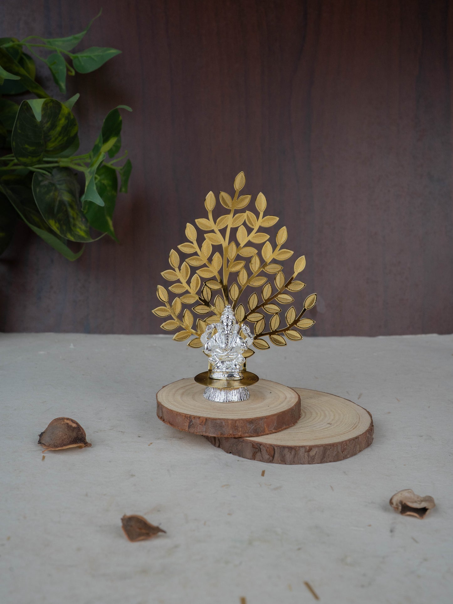 White Metal Ganesha Idol with Tree of Prosperity - Gold - WL5441-1