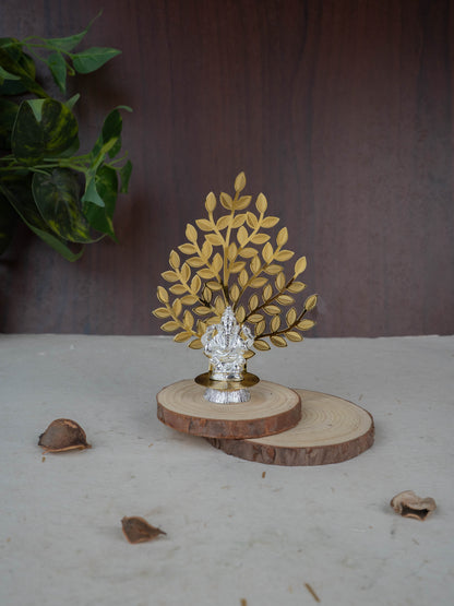 White Metal Ganesha Idol with Tree of Prosperity - Gold - WL5441-1