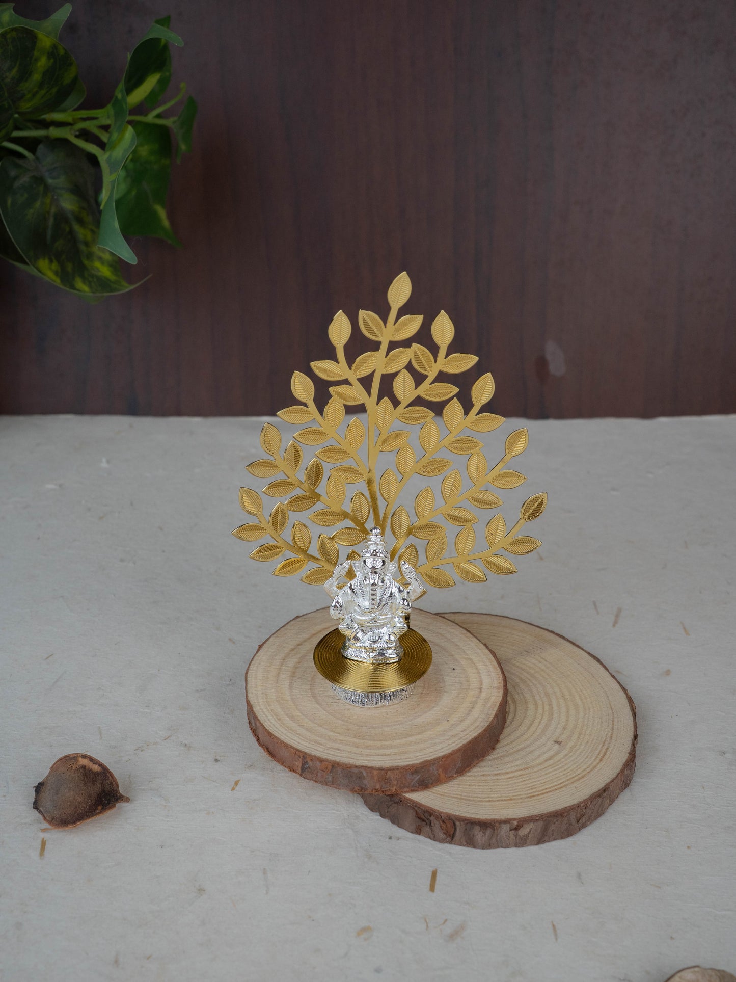 White Metal Ganesha Idol with Tree of Prosperity - Gold - WL5441-1