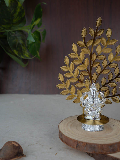 White Metal Ganesha Idol with Tree of Prosperity - Gold - WL5441-1