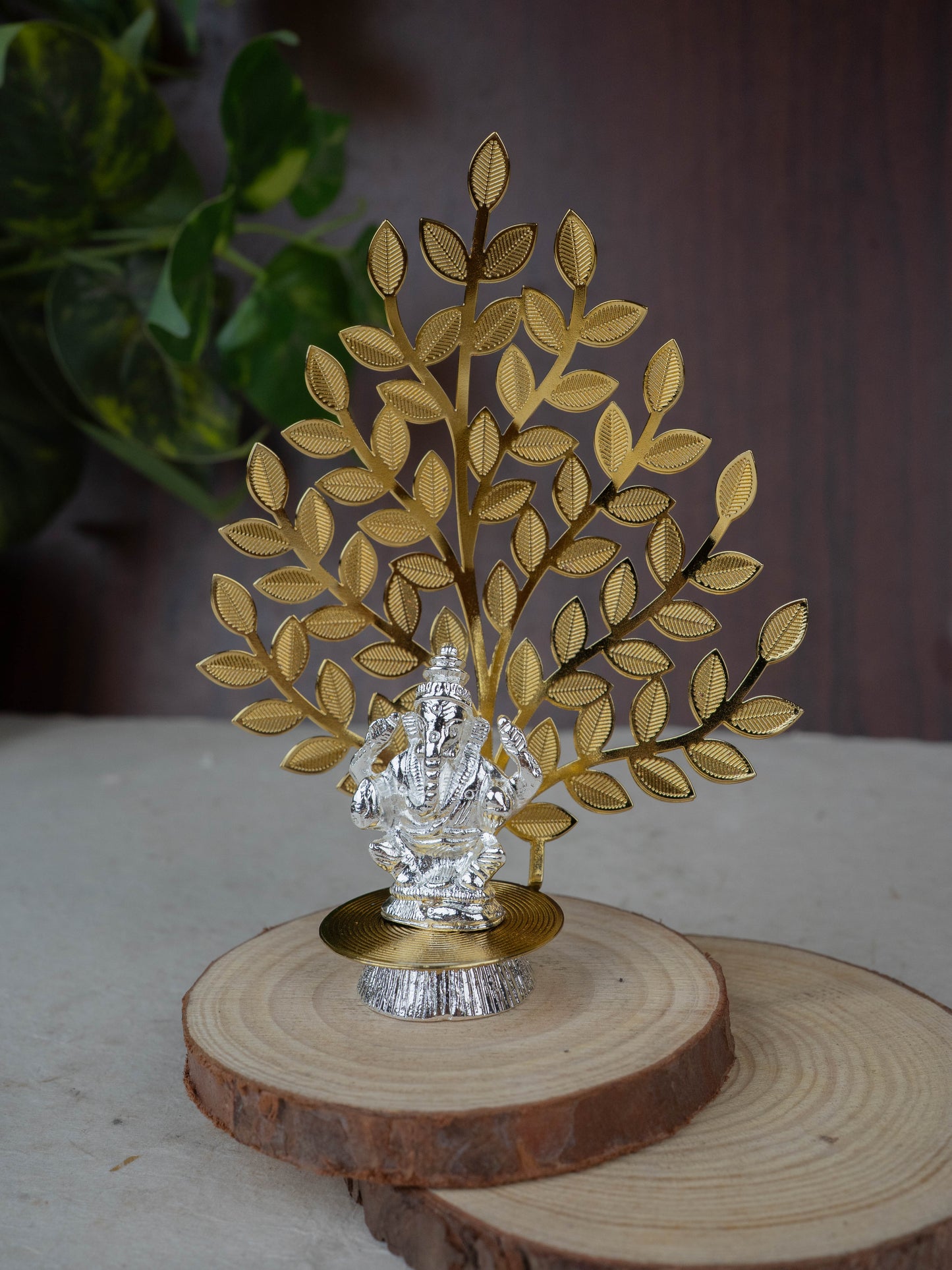 White Metal Ganesha Idol with Tree of Prosperity - Gold - WL5441-1