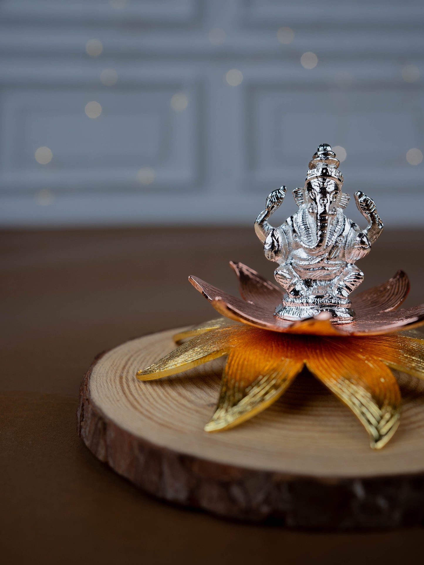 White Metal Lord Ganesha on Designer Lotus - WL5442-1