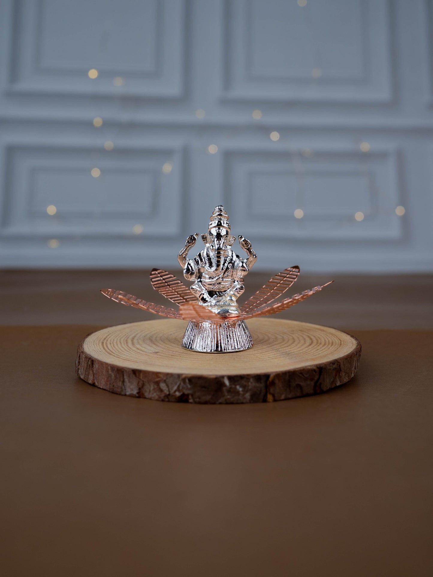 White Metal Lord Ganesha on Contemporary Floral Base - WL5443-1