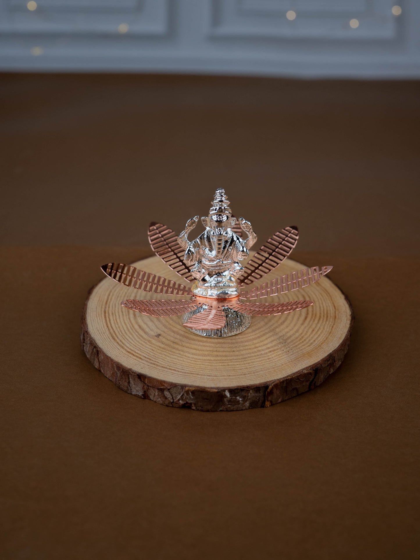 White Metal Lord Ganesha on Contemporary Floral Base - WL5443-1