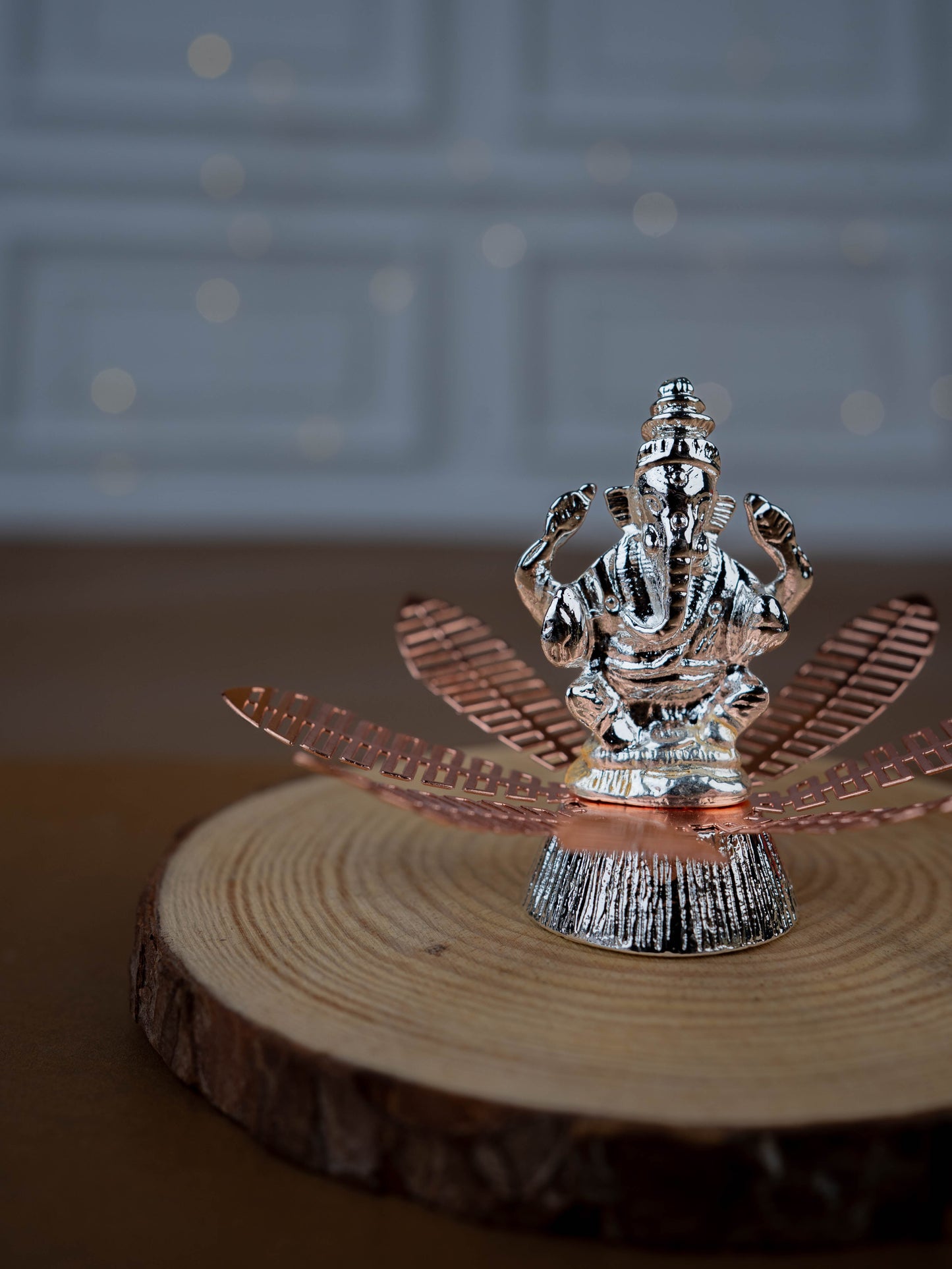 White Metal Lord Ganesha on Contemporary Floral Base - WL5443-1