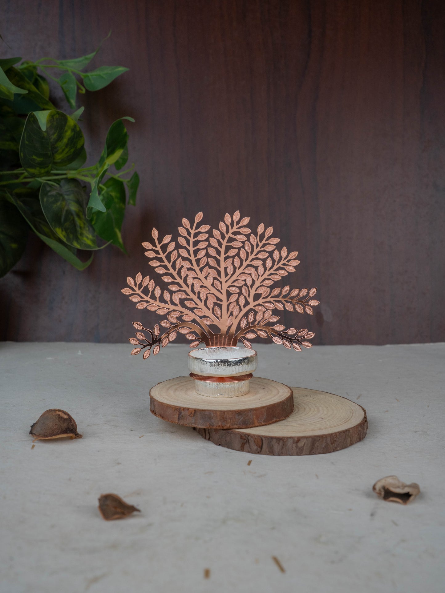 White Metal T-Light Holder with Tree of Prosperity - WL5444
