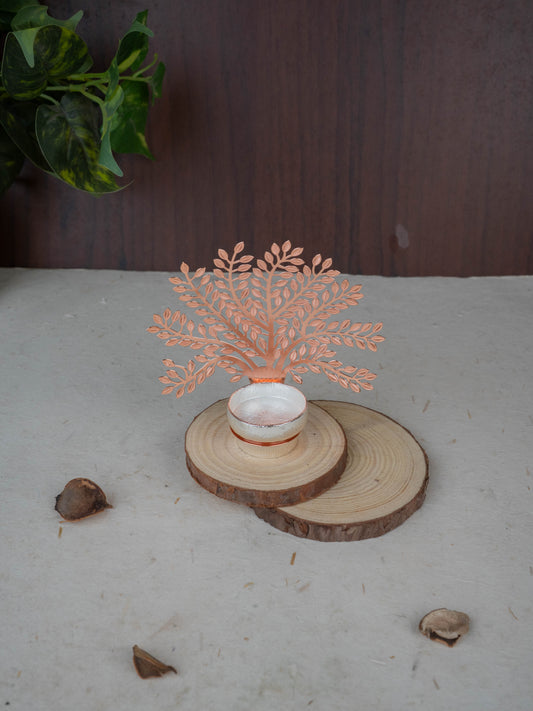 White Metal T-Light Holder with Tree of Prosperity - WL5444