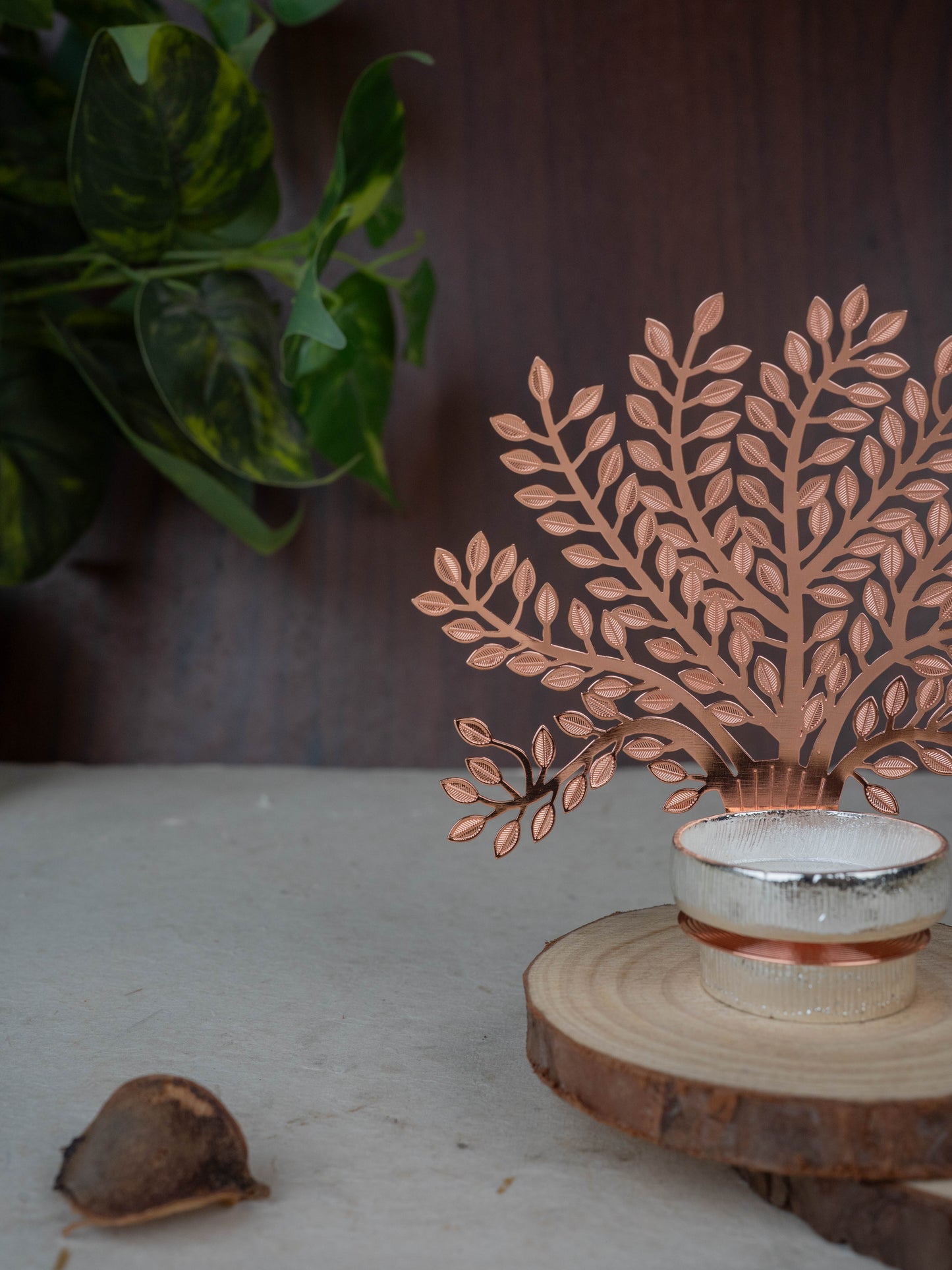 White Metal T-Light Holder with Tree of Prosperity - WL5444