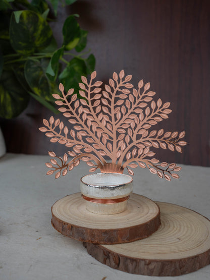 White Metal T-Light Holder with Tree of Prosperity - WL5444