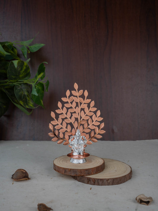 White Metal Ganesha Idol with Tree of Prosperity - Copper - WL5445-1