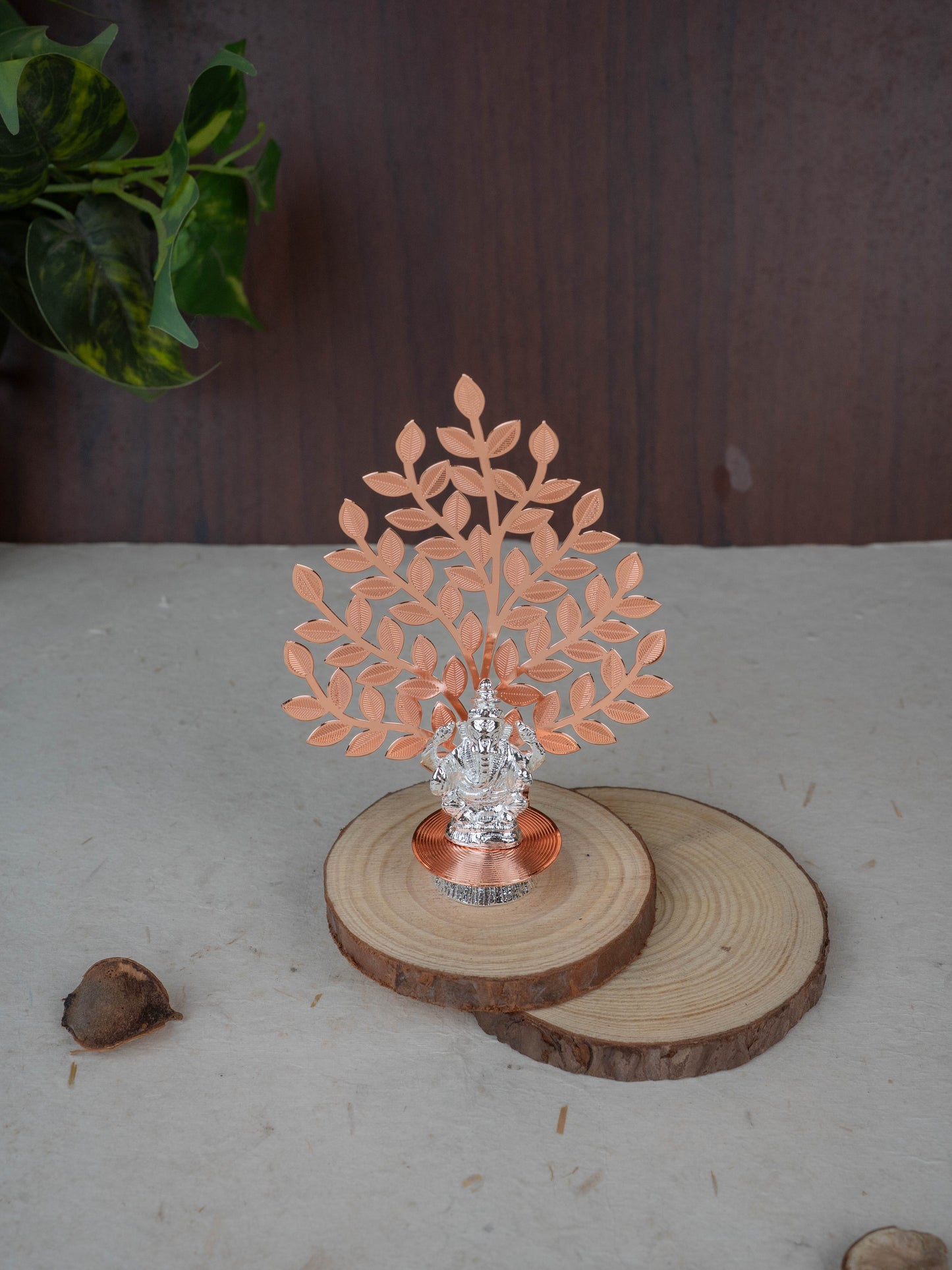White Metal Ganesha Idol with Tree of Prosperity - Copper - WL5445-1