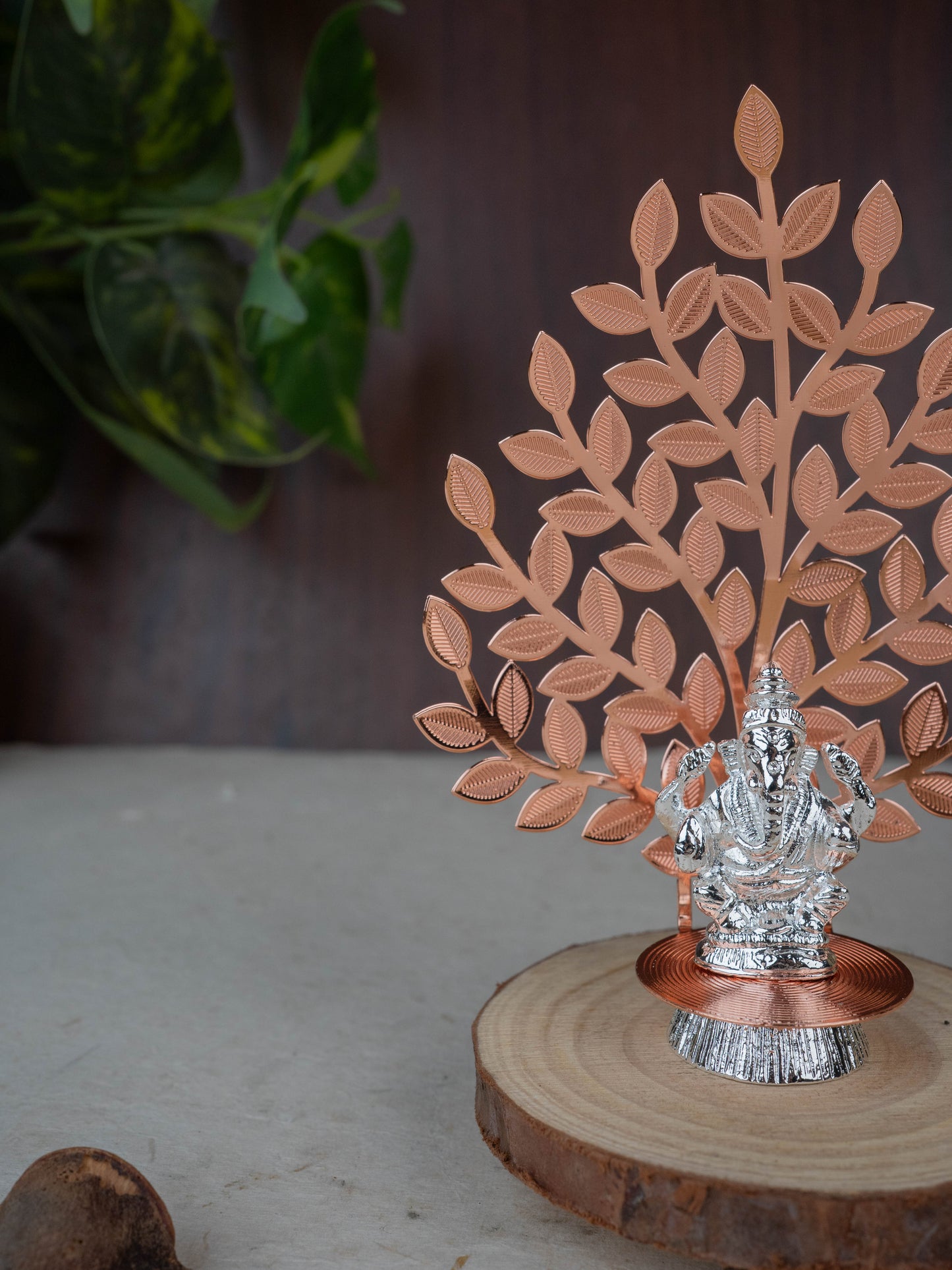 White Metal Ganesha Idol with Tree of Prosperity - Copper - WL5445-1