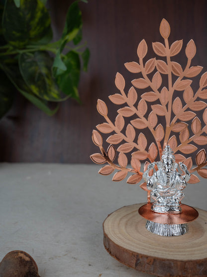 White Metal Ganesha Idol with Tree of Prosperity - Copper - WL5445-1