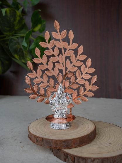White Metal Ganesha Idol with Tree of Prosperity - Copper - WL5445-1