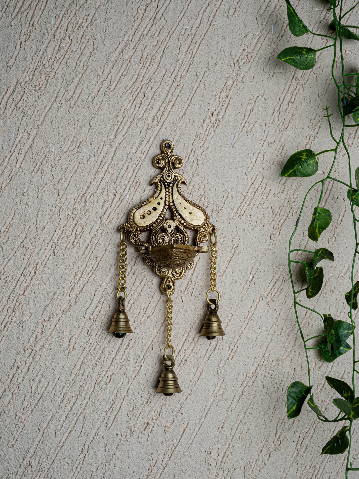 Brass Hanging Diya with 3 Bell - 4 inch - WL5450