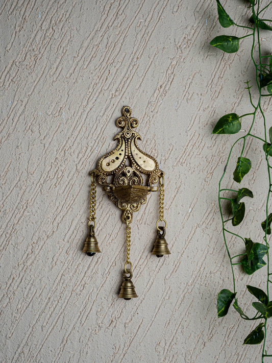 Brass Hanging Diya with 3 Bell - 4 inch - WL5450