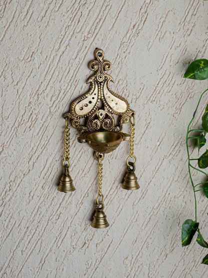 Brass Hanging Diya with 3 Bell - 4 inch - WL5450