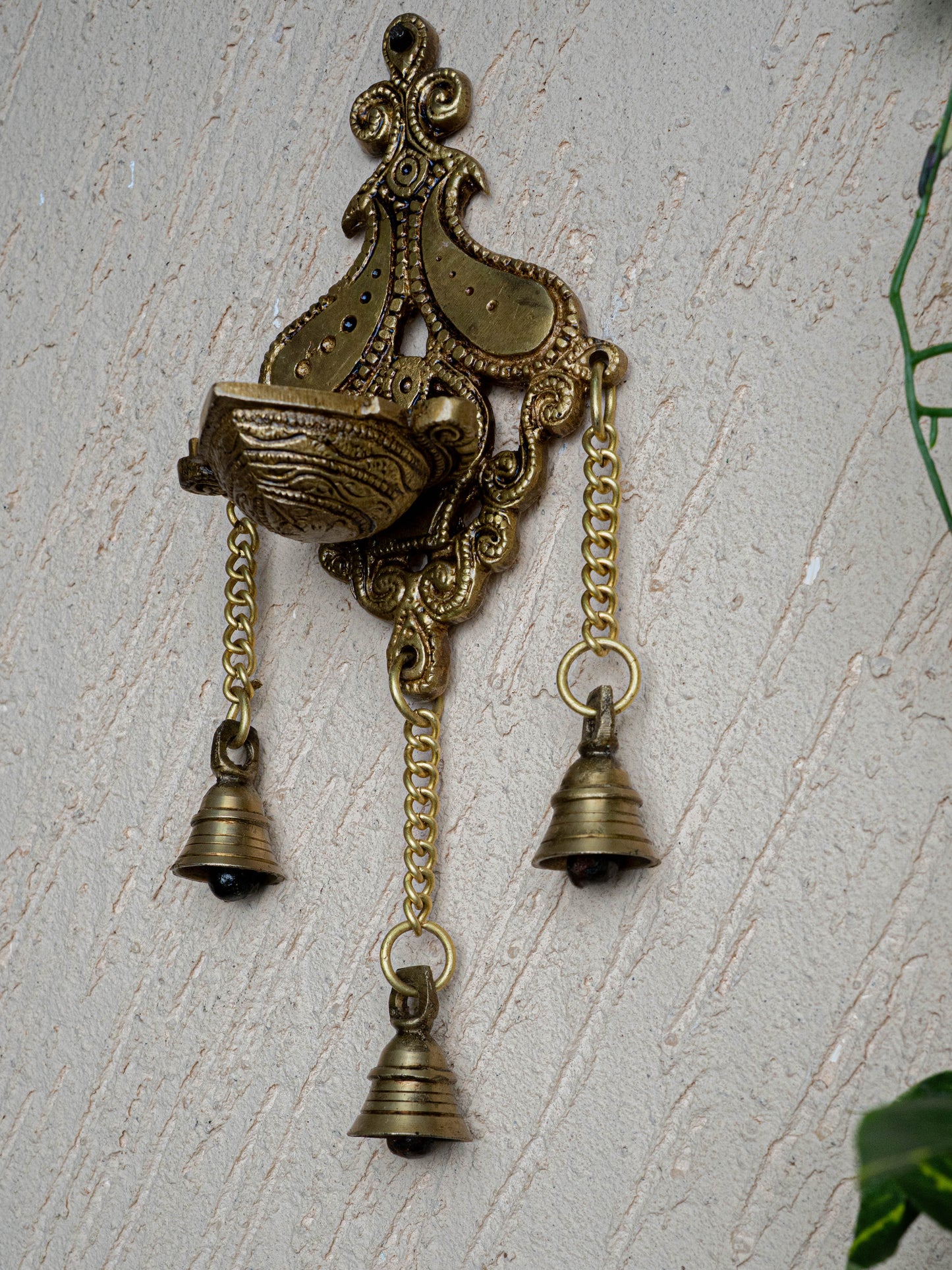 Brass Hanging Diya with 3 Bell - 4 inch - WL5450
